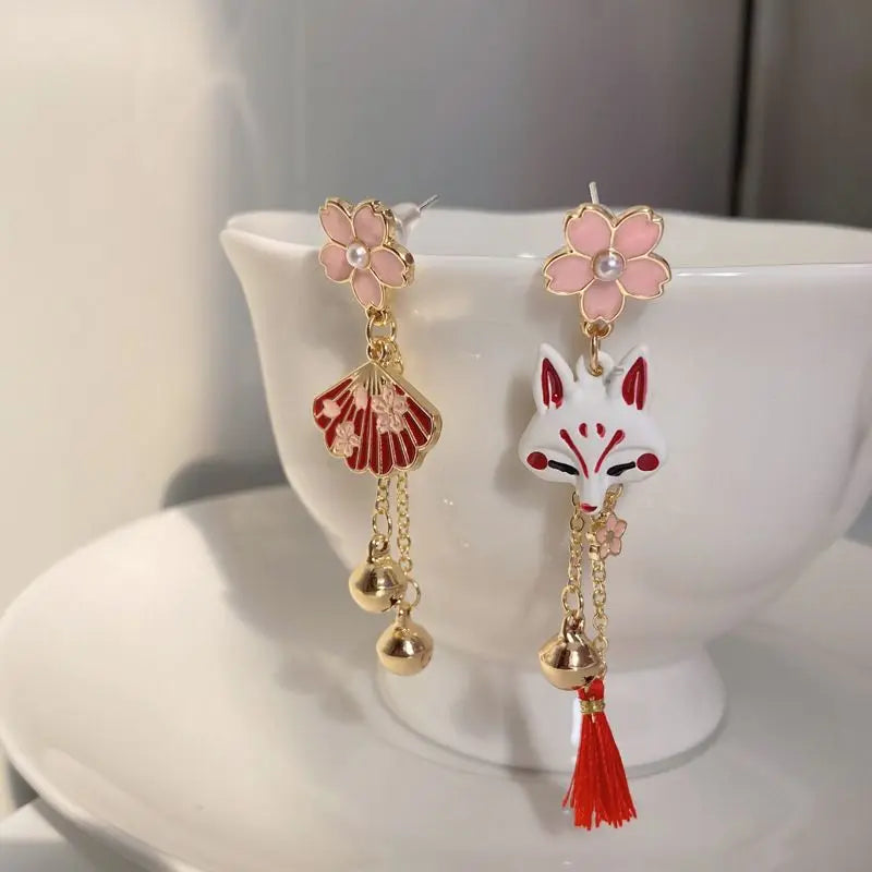 Boucles d'oreilles clous dentelle japonaise – Motif renard floral rouge fantaisie