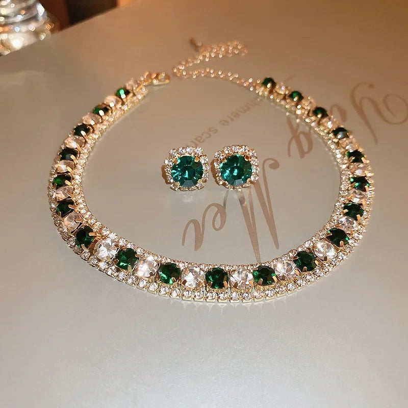 Parure collier et boucles d'oreilles vert foncé – Cristal géométrique mariage