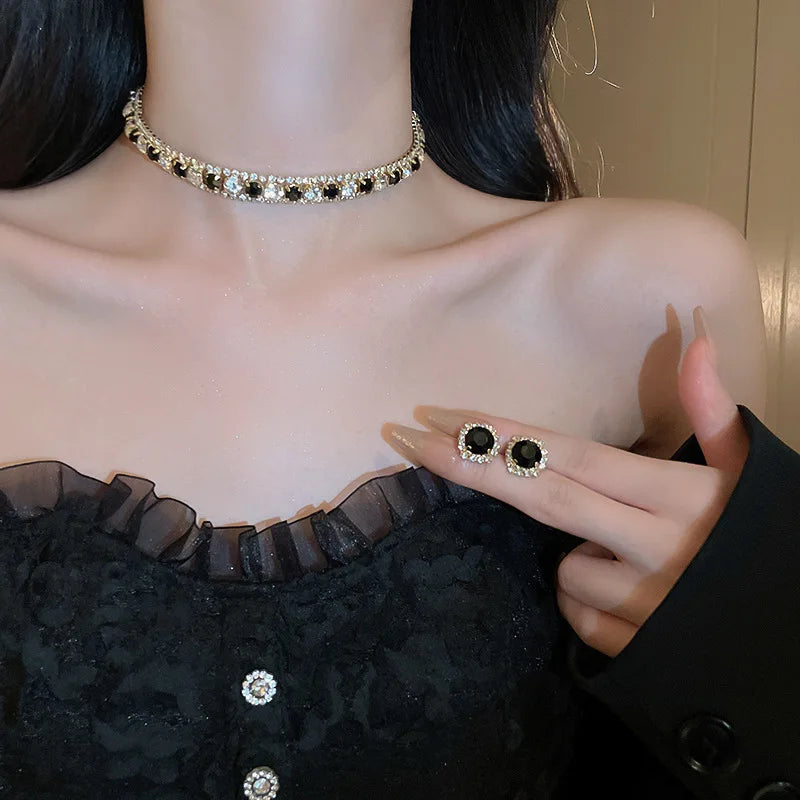 Parure collier et boucles d'oreilles noire – Cristal géométrique cérémonie